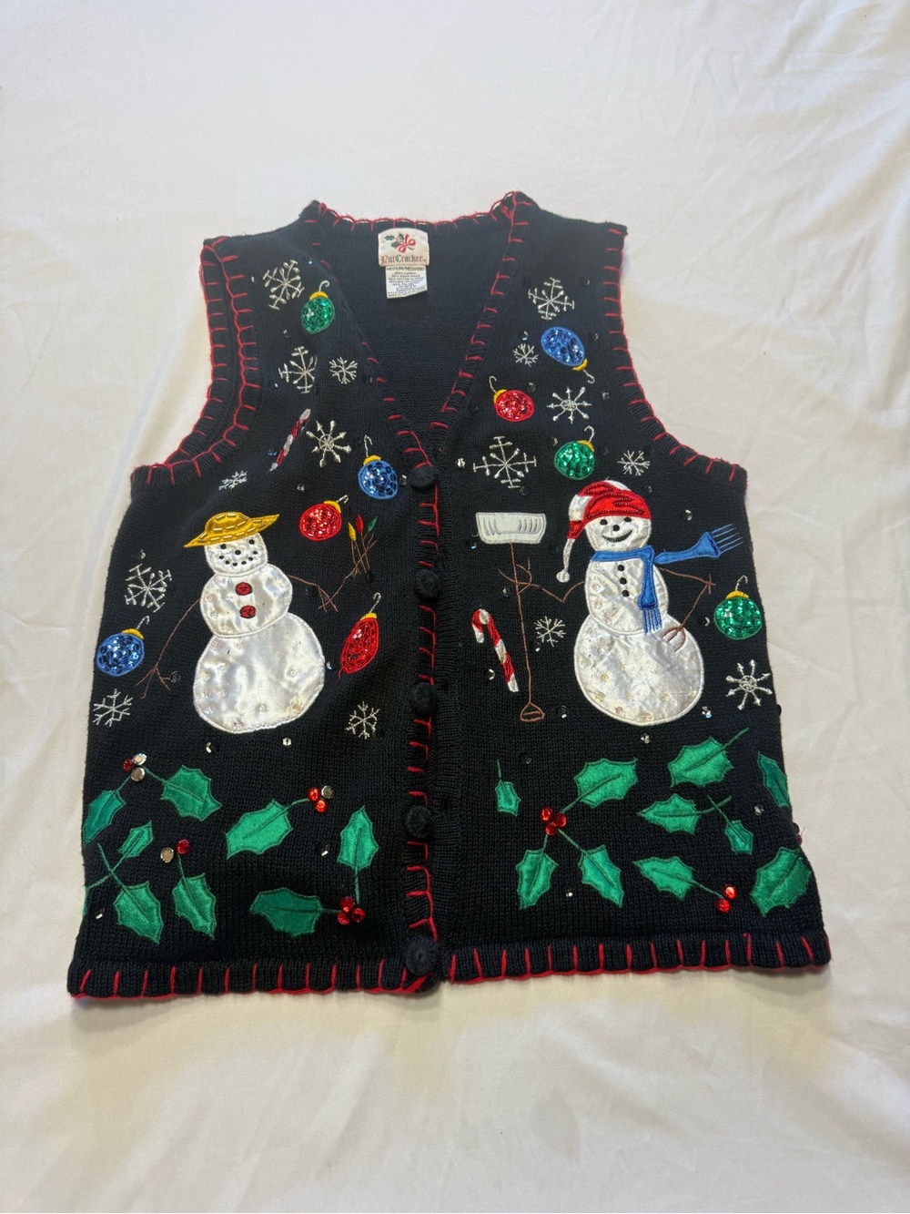 Festive Snowman Embroidered Black Holiday Vest - Picture 1 of 4